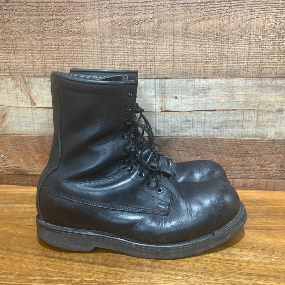 Addison Mens Black Leather 8 Inch Lace Up Round Safety Toe Combat Boots 10W